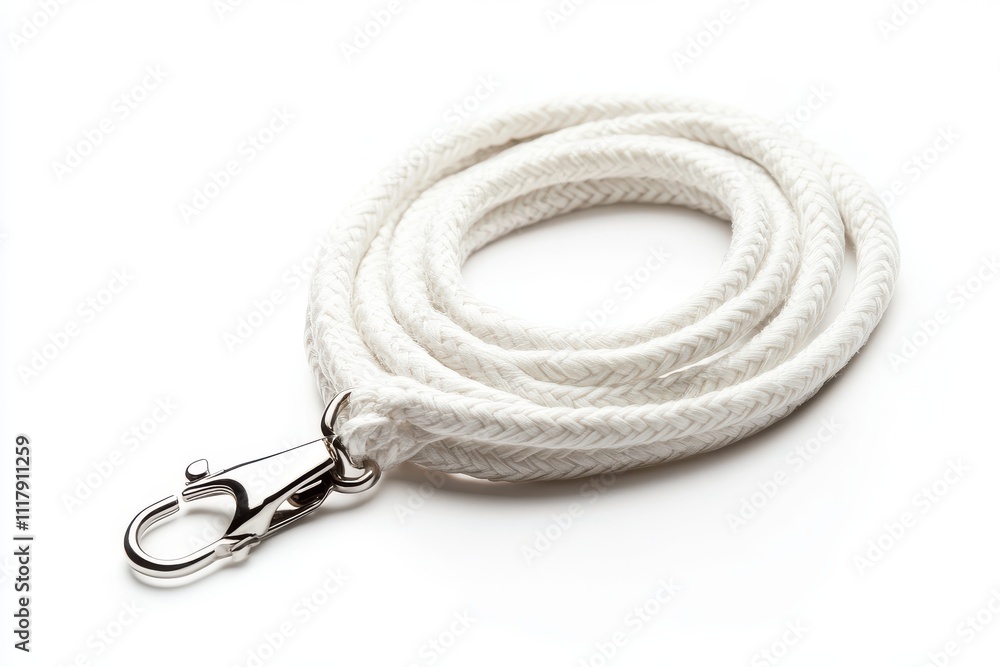 White braided lanyard with a silver metal clip isolated on white background, ideal for holding ID badges or accessories White braided lanyard with a silver metal clip isolated on white background, ideal for holding ID badges or accessories