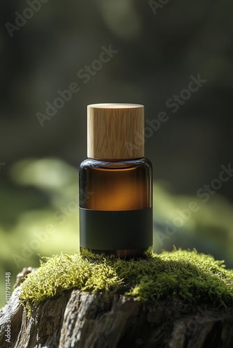 Render of brown glass bottle of cosmetic serum, essentive oil or parfume, on old wood and moss on green wall background, aestetic style. mock up