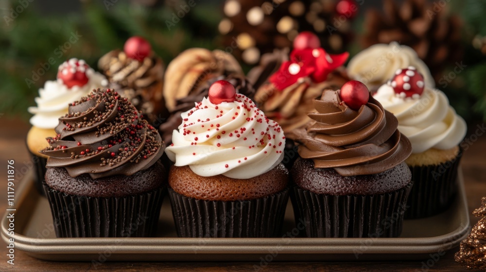 Close-up of Festive Chocolate and Vanilla Cupcakes with Red Sprinkles and Candy Close-up of Festive Chocolate and Vanilla Cupcakes with Red Sprinkles and Candy