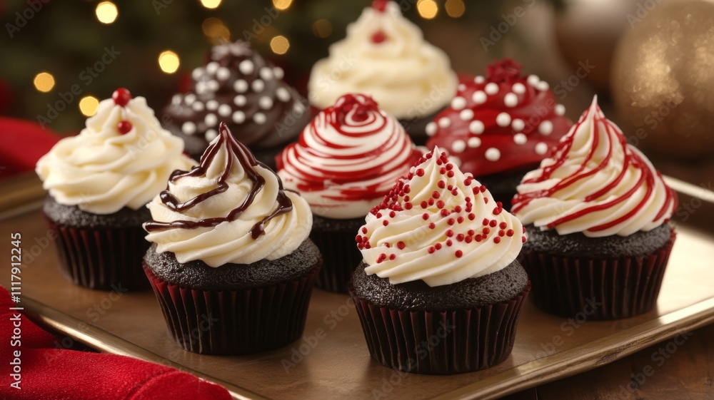 Festive Chocolate Cupcakes with Various Frosting Decorations Festive Chocolate Cupcakes with Various Frosting Decorations
