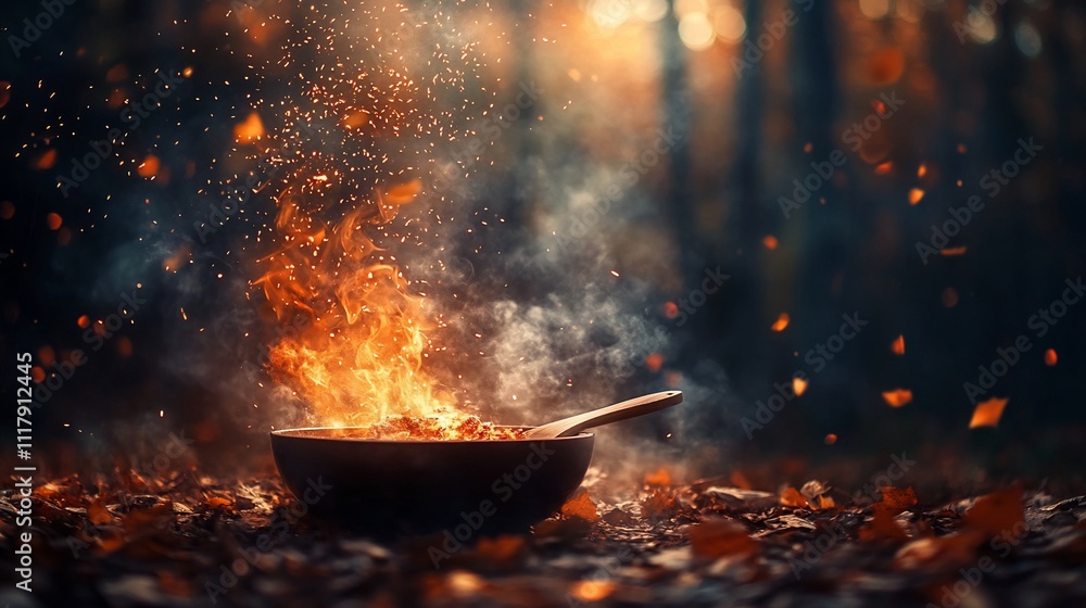 Autumn leaves fall around a campfire with a cooking pot. Autumn leaves fall around a campfire with a cooking pot.