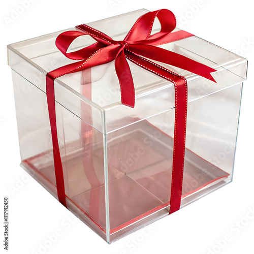 Acrylic gift box with a red ribbon isolated on a transparent background