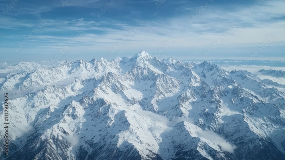 Fototapeta premium Aerial View of Snow-covered Mountain Range Through Airplane Window in Winter