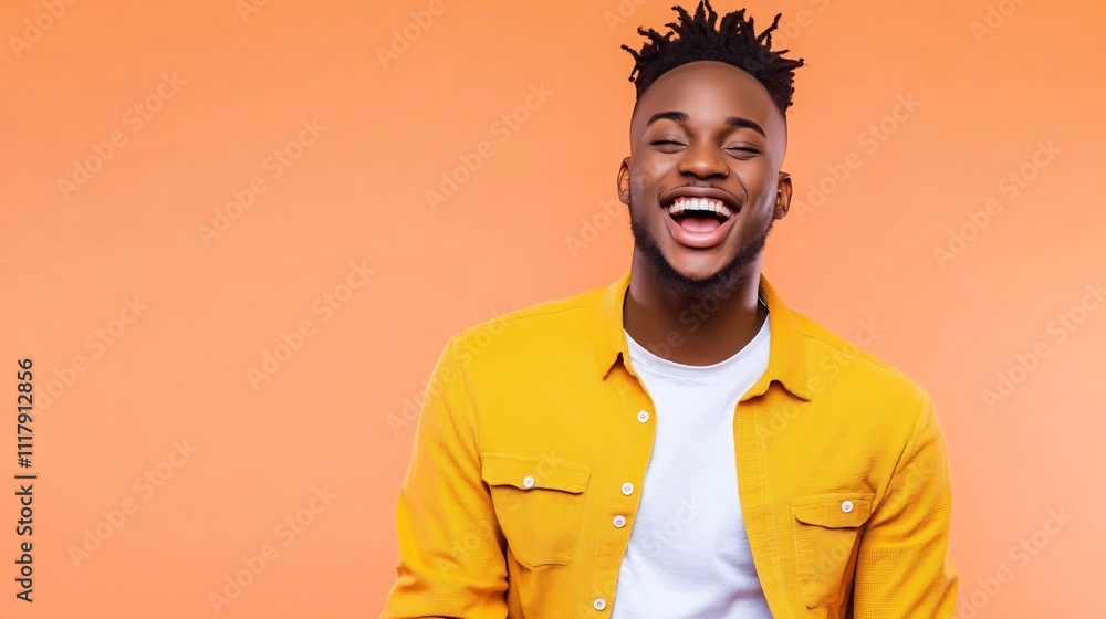Obraz premium Cheerful and Confident Man in Casual Outfit on Pastel Peach Background