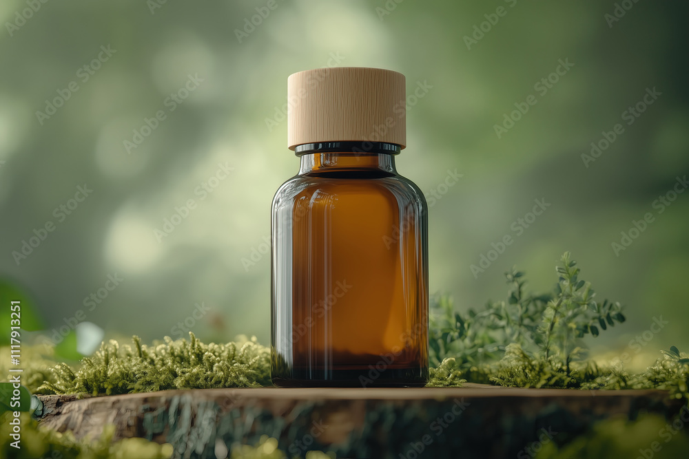 Render of brown glass bottle of cosmetic serum, essentive oil or parfume, on old wood and moss on green wall background, aestetic style. mock up Render of brown glass bottle of cosmetic serum, essentive oil or parfume, on old wood and moss on green wall background, aestetic style. mock up