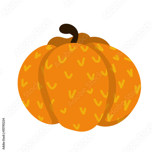 Illustration of a bright orange pumpkin with a yellow stroke pattern Soft shadows and simple style make it perfect for autumn designs, childrens books, holiday cards, and Halloween or fall themed deco