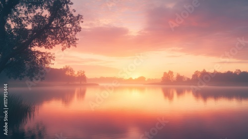 Serene sunrise over misty lake, tree silhouette reflected in calm water.