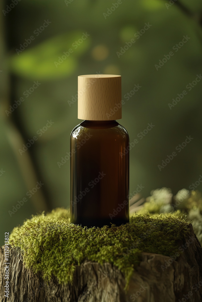 Render of brown glass bottle of cosmetic serum, essentive oil or parfume, on old wood and moss on green wall background, aestetic style. mock up Render of brown glass bottle of cosmetic serum, essentive oil or parfume, on old wood and moss on green wall background, aestetic style. mock up