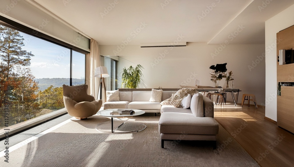 Fototapeta premium Chic modern living room with a minimalist approach and bold color accents for impact
