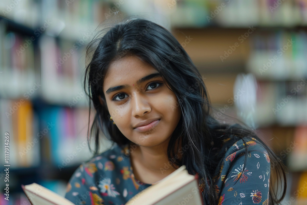Generative AI Portrait of a Smiling Student in a Library Generative AI Portrait of a Smiling Student in a Library