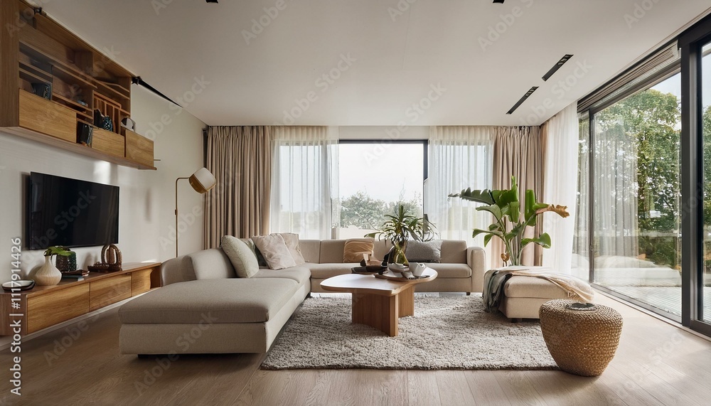 Elegant modern living room showcasing a blend of vintage and contemporary furniture styles Elegant modern living room showcasing a blend of vintage and contemporary furniture styles