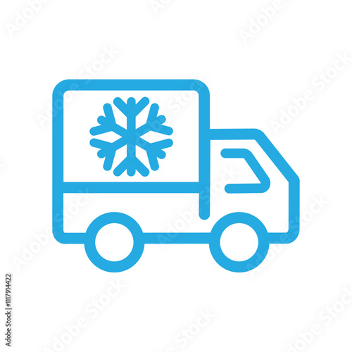 Refrigerator truck with snowflake line icon.