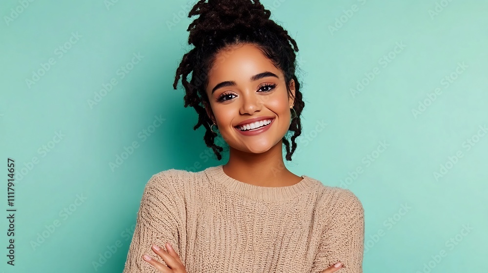 Obraz premium Cheerful young woman in casual knit sweater posing against mint green background
