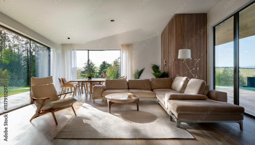 Fototapeta premium Inviting modern living room with a large bookshelf and comfortable reading nook for leisure