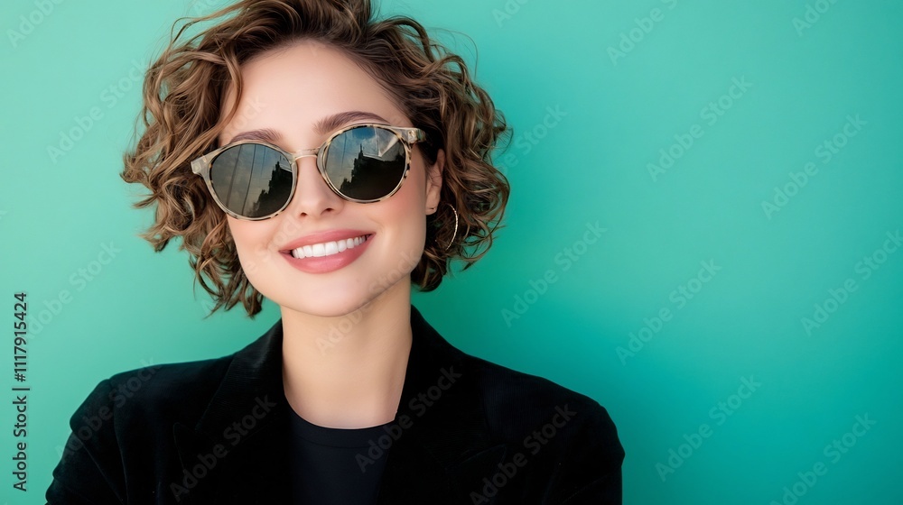 Confident and Stylish Woman Wearing Sunglasses Smiles Brightly on Vibrant Turquoise Background