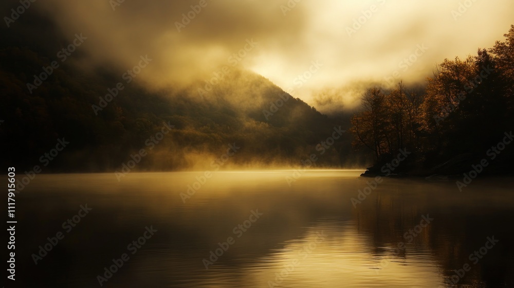Fototapeta premium A serene landscape at dawn with mist hovering over a calm lake and distant mountains.