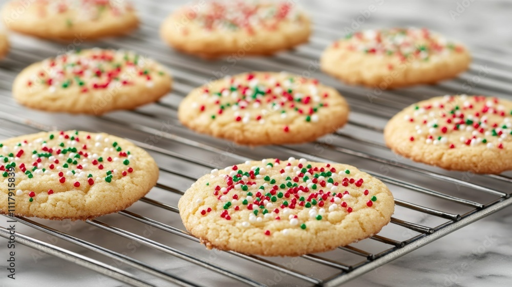 Sugar Cookies with Red, Green, and White Sprinkles on a Cooling Rack Sugar Cookies with Red, Green, and White Sprinkles on a Cooling Rack