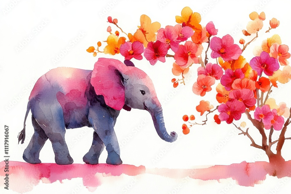 Obraz premium A whimsical watercolor illustration of an elephant beside vibrant flowers.