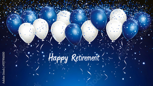 Celebrate a joyful retirement with this festive image of blue and white balloons and sparkling confetti against a deep blue backdrop. Perfect for cards, banners, and social media posts.