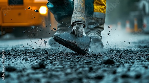 Roadworker Using Heavy Equipment To Repair Asphalt photo