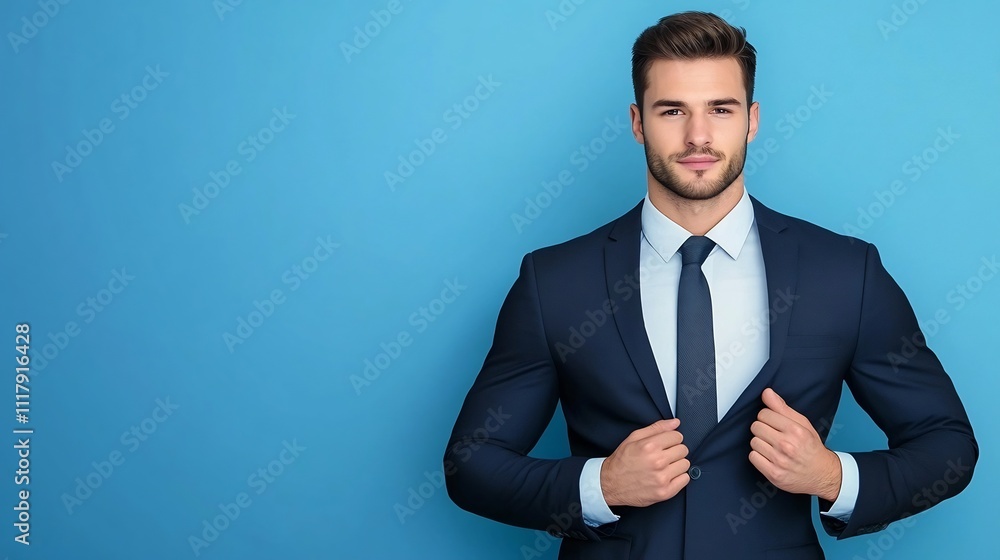 Confident Business Executive in Suit Posing on Soft Blue Background