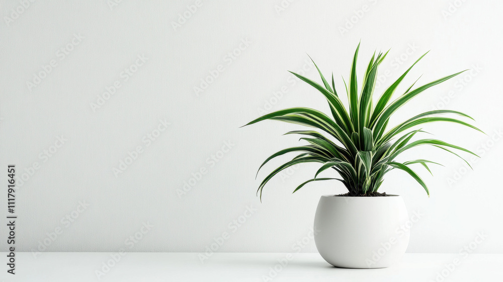 A vibrant green potted plant with long, pointed leaves in a smooth white pot against a minimalist white background, conveying freshness and simplicity. A vibrant green potted plant with long, pointed leaves in a smooth white pot against a minimalist white background, conveying freshness and simplicity.
