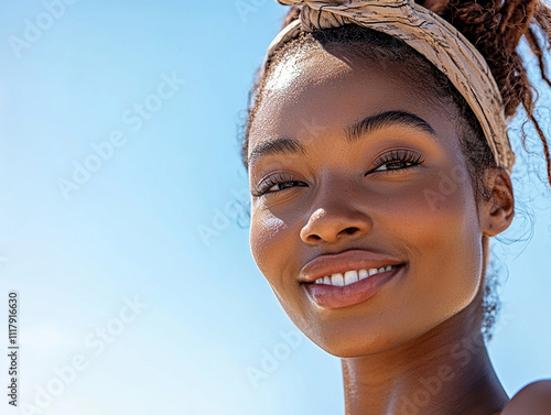 Close-up photo of beautiful black woman against blue sky background 