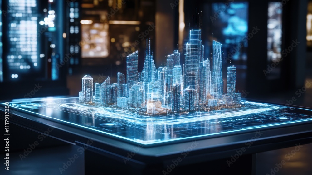 Here's a and keyword list for your stock photo.. Futuristic city model displayed on a digital table. Here's a and keyword list for your stock photo.. Futuristic city model displayed on a digital table.