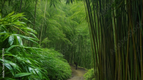 Dense bamboo forest with tall bamboo sticks, greenery  photo