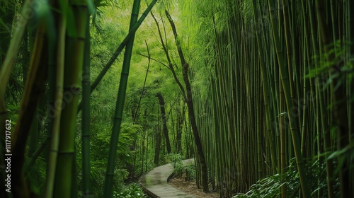 Dense bamboo forest with tall bamboo sticks, greenery  photo