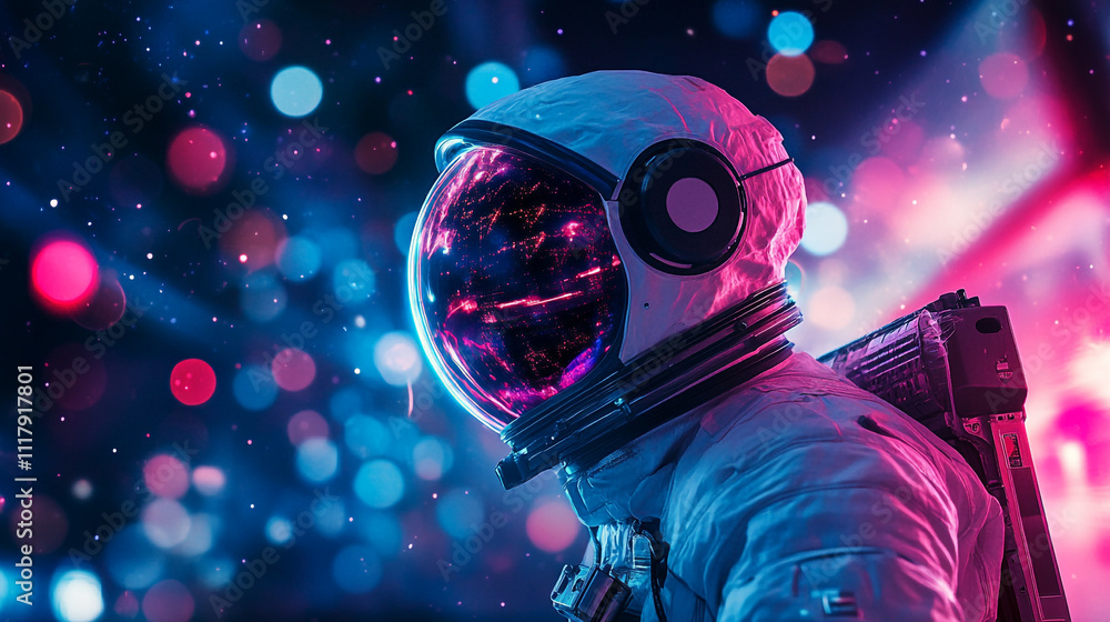 Fototapeta premium Astronaut in a vibrant cosmic background explores the mystery of deep space