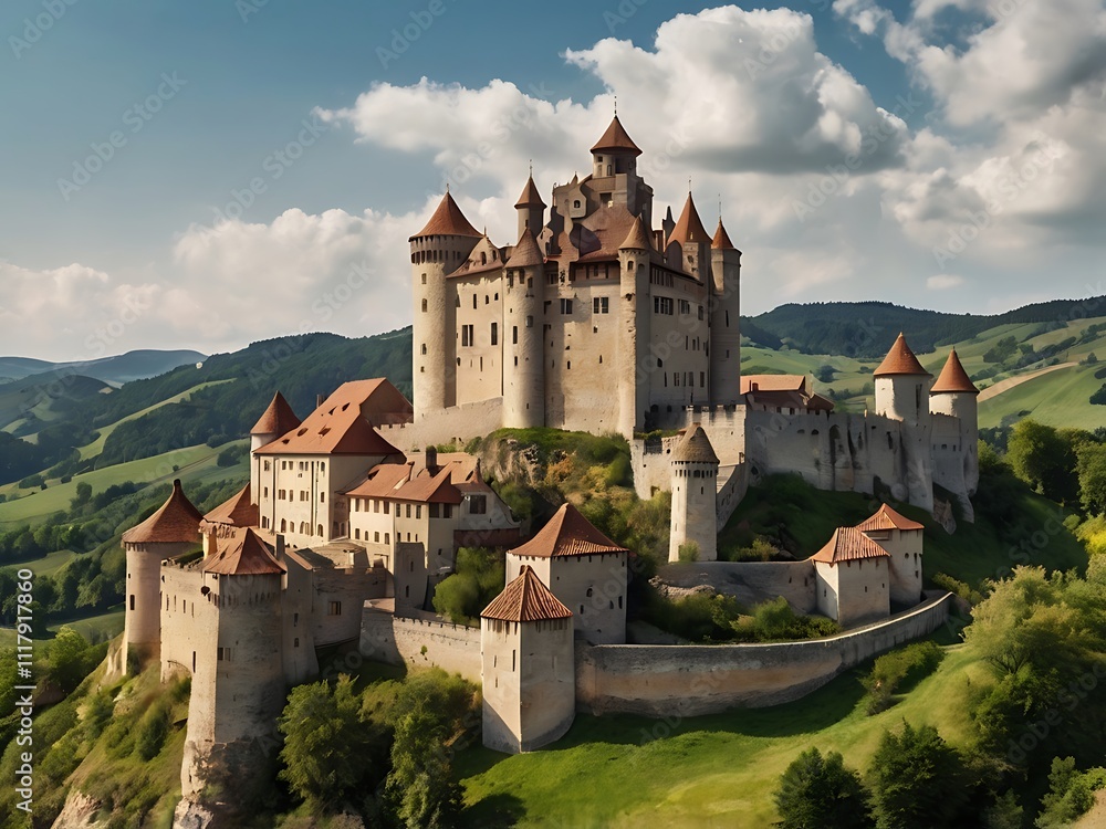 Fototapeta premium Majestic Medieval Castle Hilltop Fortress Amidst Rolling Hills