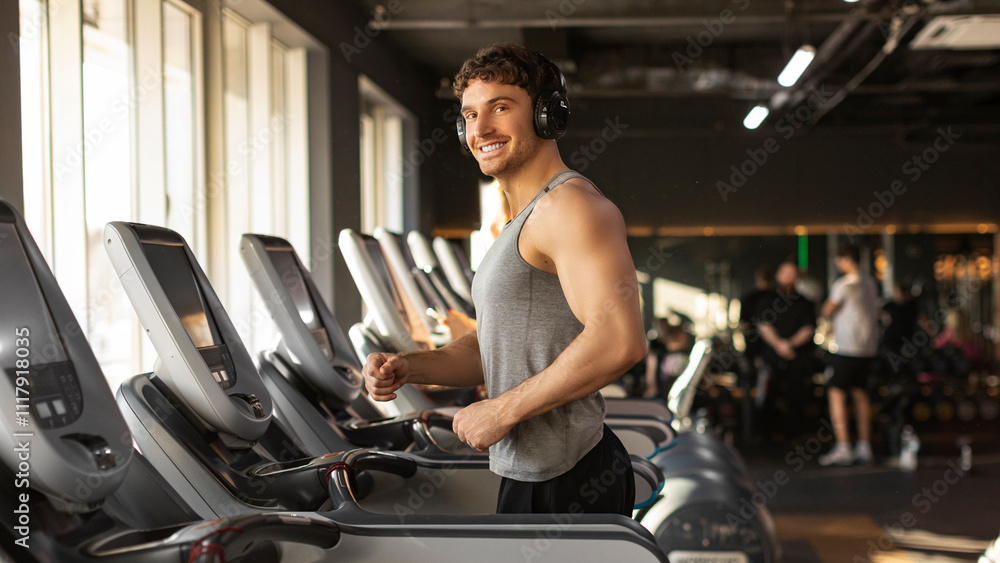 Man athlete wearing wireless headphones, running on treadmill at gym, enjoy doing cardio training, panorama with copy space Man athlete wearing wireless headphones, running on treadmill at gym, enjoy doing cardio training, panorama with copy space
