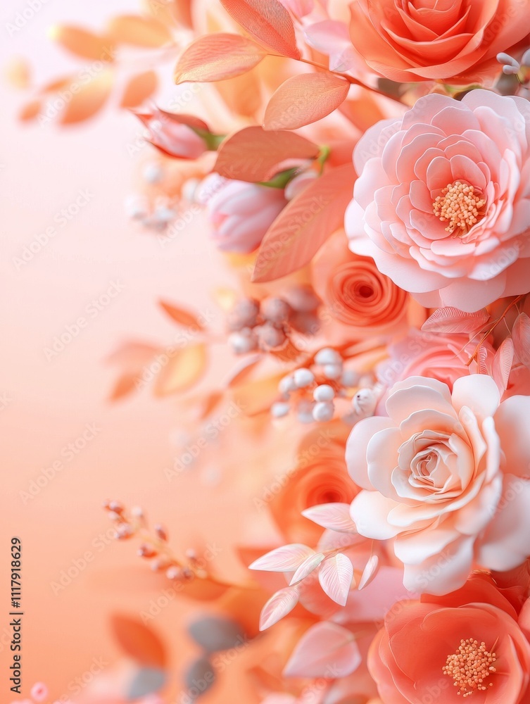 Peachy Keen Paper Flowers: A stunning vertical close-up showcasing a vibrant arrangement of peach and coral paper flowers, meticulously crafted with intricate details.  The soft.