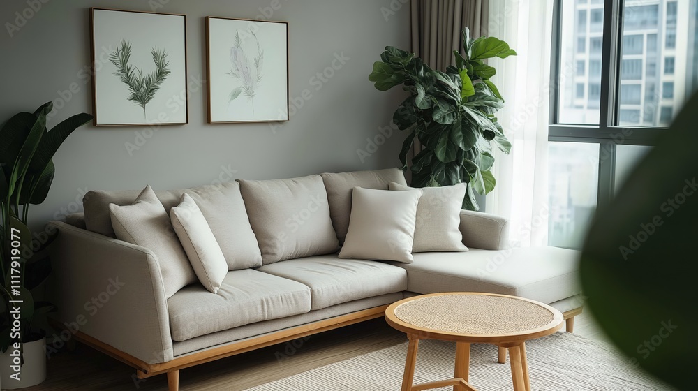 Fototapeta premium Modern living room with light gray walls