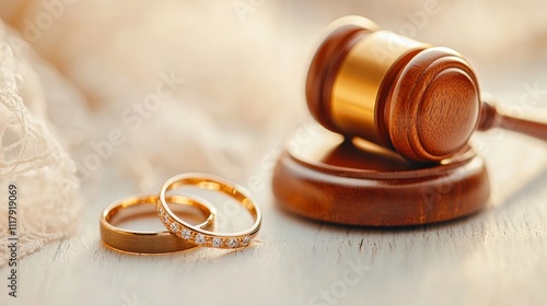 Wedding Rings and Gavel: A close-up image of two gold wedding bands resting on a judge's gavel, symbolizing the legal commitment and binding nature of marriage. photo