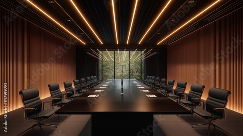 Large conference room with a long table and black chairs photo