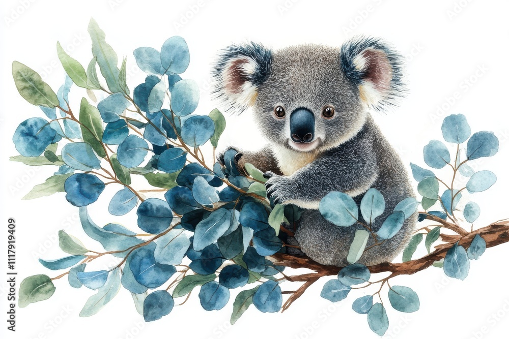A cute koala sitting on a branch surrounded by eucalyptus leaves. A cute koala sitting on a branch surrounded by eucalyptus leaves.