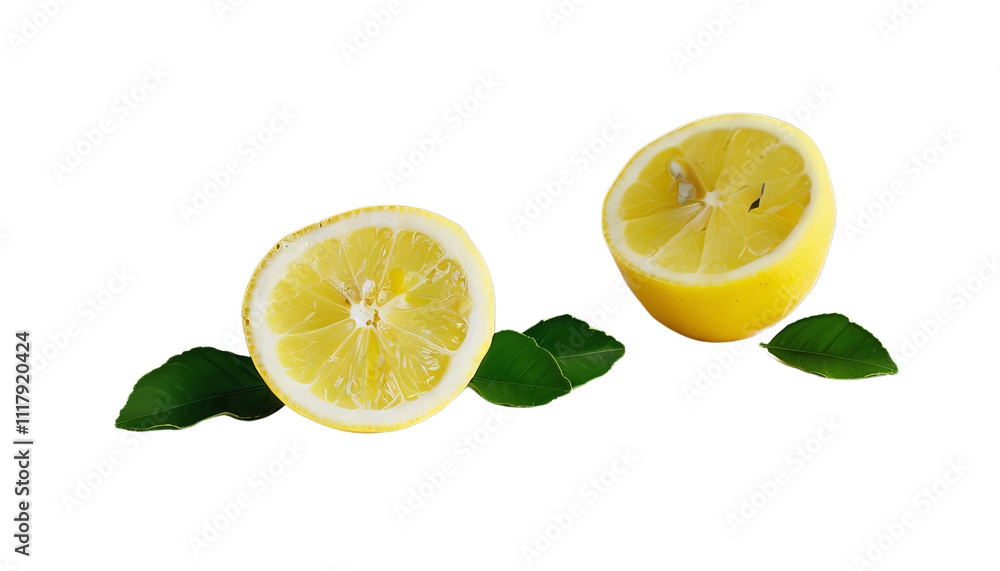Fresh lemon halves with green leaves on transparency background Fresh lemon halves with green leaves on transparency background