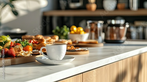 A beautifully arranged breakfast spread featuring coffee, pastries, fruits, and a cozy kitchen setting.