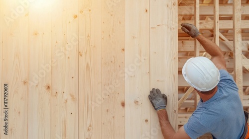 Construction worker wearing a hard hat and gloves, aligning a wooden panel with copy space for text. photo