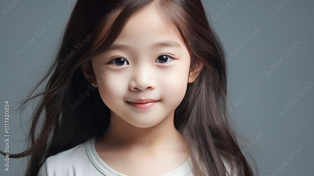 Portrait of smiling asian girl child with long white hair creamy gray background. Portrait of smiling asian girl child with long white hair creamy gray background.