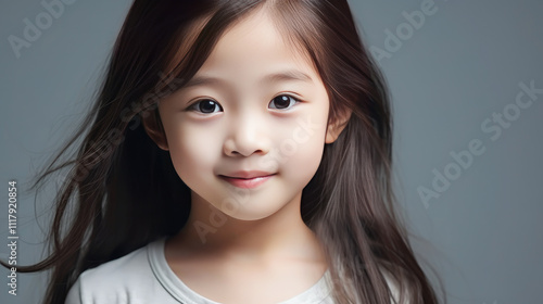 Portrait of smiling asian girl child with long white hair creamy gray background.