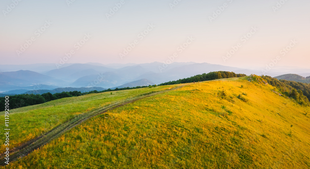 Fototapeta premium Gorgeous summer landscape with green meadows stretching along a mountain range. Carpathian mountains, Ukraine.