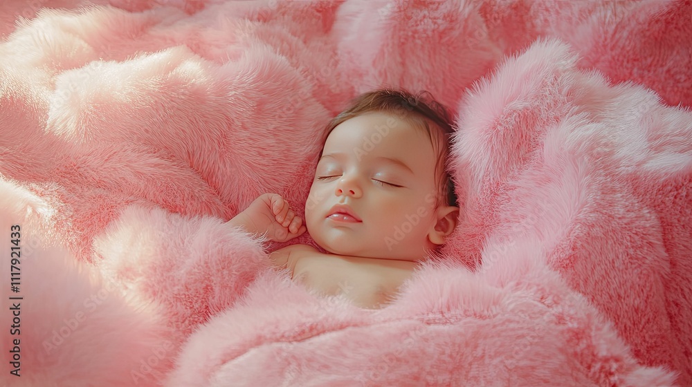 Baby Sleeping Peacefully In Pink Fur Blanket Baby Sleeping Peacefully In Pink Fur Blanket