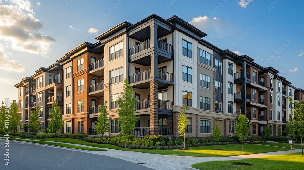 Fototapeta premium Modern Apartment Building Complex at Sunset