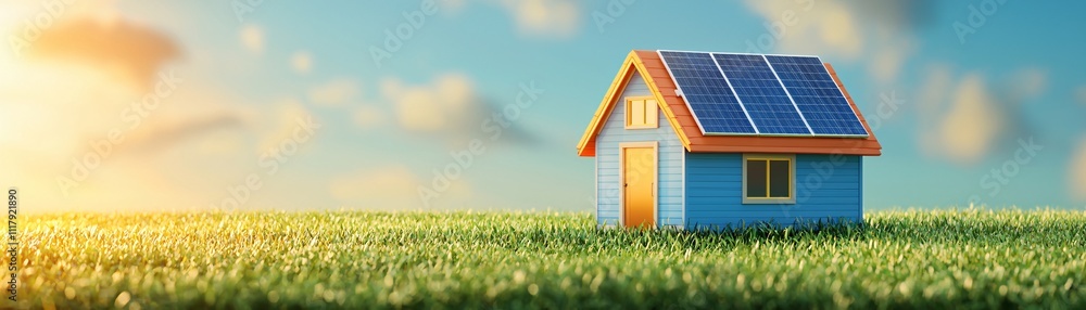 Home battery packs alternative electric energy storage. Solar-powered house in a green field Home battery packs alternative electric energy storage. Solar-powered house in a green field