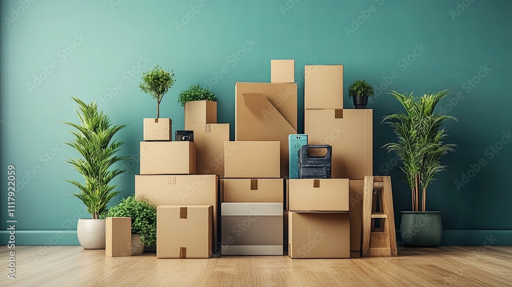Cardboard Boxes Plants And A Wooden Stool Against A Teal Wall Cardboard Boxes Plants And A Wooden Stool Against A Teal Wall