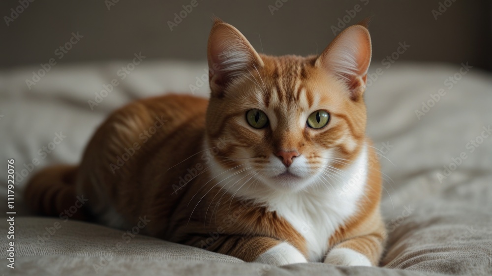 Orange tabby cat resting on a beige cushion, looking directly at the camera. Orange tabby cat resting on a beige cushion, looking directly at the camera.
