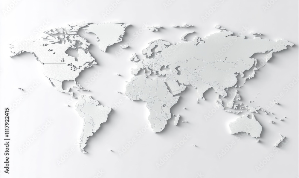 Minimalist 3D Relief Map of the World on White Background Highlighting Global Geography and Continents with Clear Outline and Topographical Detail Minimalist 3D Relief Map of the World on White Background Highlighting Global Geography and Continents with Clear Outline and Topographical Detail
